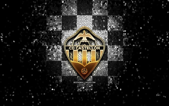 Castellon FC, logo glitter, La Liga 2, sfondo a scacchi bianco nero, Segunda, calcio, squadra di calcio spagnola, logo Castellon, arte del mosaico, LaLiga 2, CD Castellon