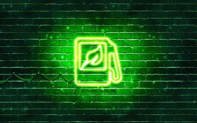 Icona al neon della stazione di rifornimento ecologico, 4K, sfondo verde, simboli al neon, stazione di rifornimento ecologica, icone al neon, segno della stazione di rifornimento ecologico, segni di trasporto, icona della stazione di rifornimento ecologic