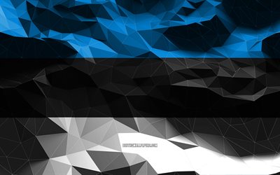 4k, エストニアの旗, 低ポリアート, ヨーロッパ諸国, 国のシンボル, 3Dフラグ, エストニア, ヨーロッパ, エストニアの3Dフラグ