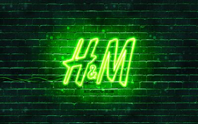 H ja M vihre&#228; logo, 4k, vihre&#228; tiilisein&#228;, H ja M logo, muotimerkit, H ja M neonlogo, H ja M
