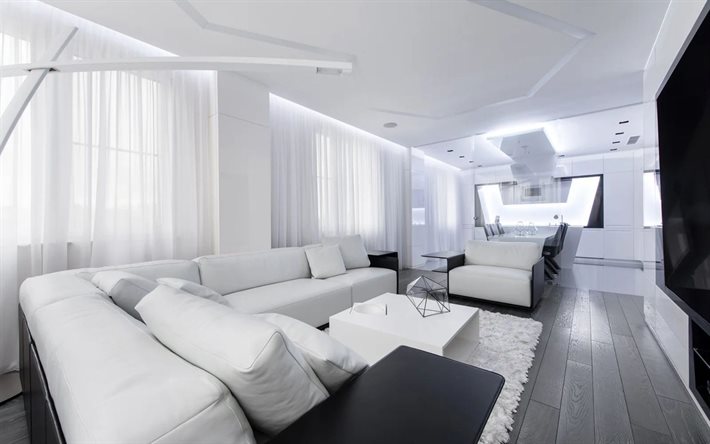stylish living room interior design, white walls in the living room, modern interior, white sofa in the living room, high tech style living room