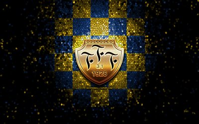 Falkenbergs FC, glitterlogotyp, Allsvenskan, bl&#229; gul rutig bakgrund, fotboll, svensk fotbollsklubb, Falkenbergs logotyp, mosaikkonst, Falkenbergs FF