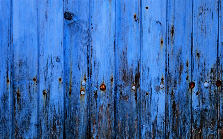 4k, assi di legno blu, macro, tavole con chiodi, assi di legno verticali, staccionata in legno, struttura in legno blu, assi di legno, strutture in legno, sfondi in legno, sfondi blu