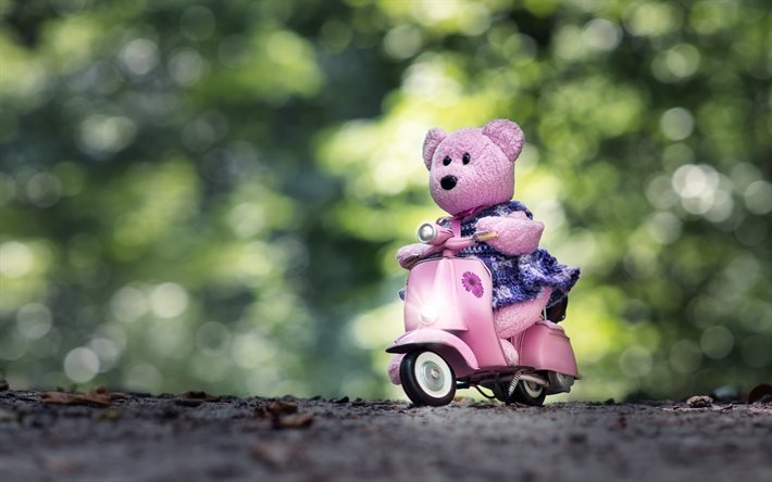 pink teddy bear riding a scooter, cute toys, pink bear, scooter, riding a scooter