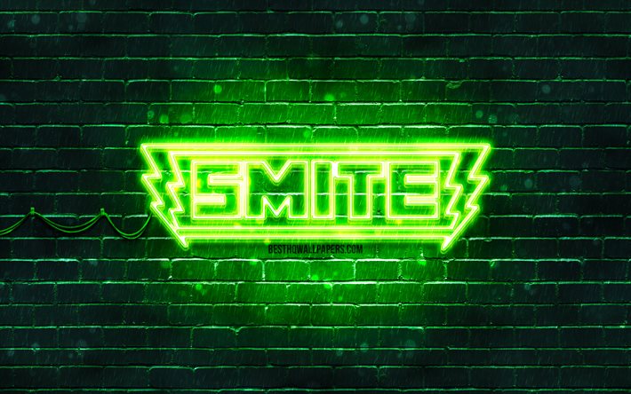 Smite-vihre&#228; logo, 4k, vihre&#228; tiilisein&#228;, Smite-logo, luova, Smite-neonlogo, MOBA, Smite