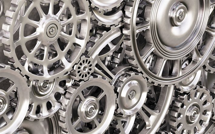 3d metal mechanism, 3d steel gears, mechanism with gears, 3d gears, background with gears