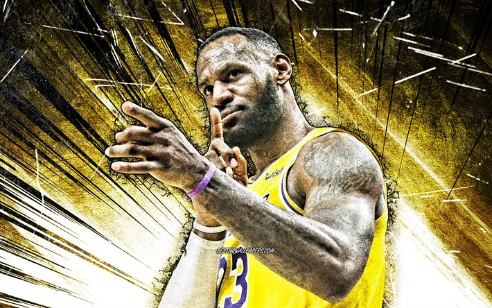 4k, LeBron James, arte grunge, NBA, Los Angeles Lakers, raios abstratos amarelos, estrelas do basquete, LeBron Raymone James Sr, basquete, LA Lakers, LeBron James 4K, criativo, LeBron James Lakers