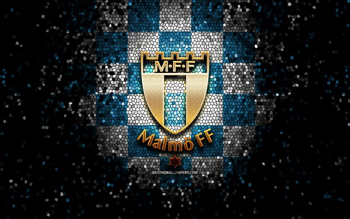 Malmo FC, logo glitter, Allsvenskan, sfondo a scacchi bianco blu, calcio, squadra di calcio svedese, logo Malmo, arte del mosaico, Malmo FF