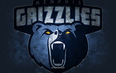 Memphis Grizzlies, &#233;quipe am&#233;ricaine de basket-ball, fond de pierre bleue, logo de Memphis Grizzlies, art grunge, NBA, basket-ball, USA, embl&#232;me de Memphis Grizzlies