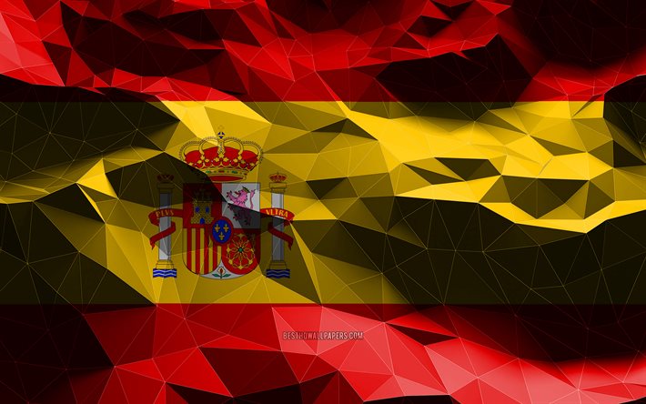 4k, bandiera spagnola, arte low poly, paesi europei, simboli nazionali, bandiera della Spagna, bandiere 3D, Spagna, Europa, bandiera 3D della Spagna