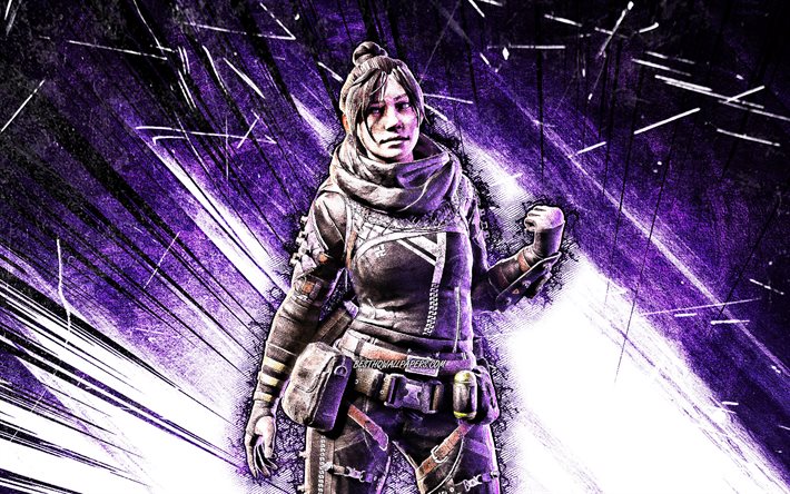 4k, Wraith, grunge art, Apex Legends, warriors, Apex Legends characters, violet abstract rays, Wraith Skin, Wraith Apex Legends