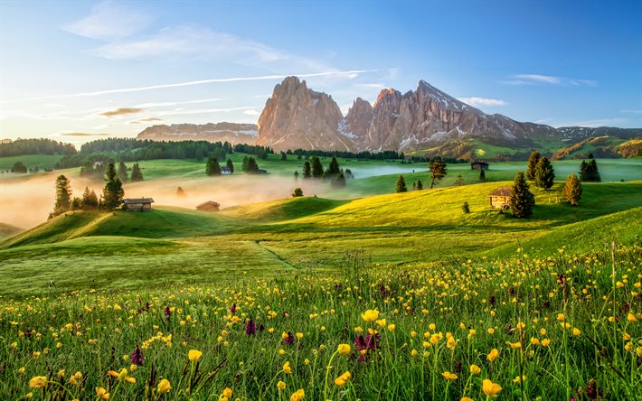 Italie, 4k, prairies, paysages du matin, montagnes, Dolomites, Alpes, brouillard, collines verdoyantes, Europe, belle nature