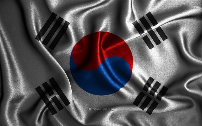Bandiera della Corea del sud, 4k, bandiere ondulate di seta, paesi asiatici, simboli nazionali, bandiera della Corea del sud, bandiere in tessuto, arte 3D, Corea del sud, Asia, bandiera 3D della Corea del sud