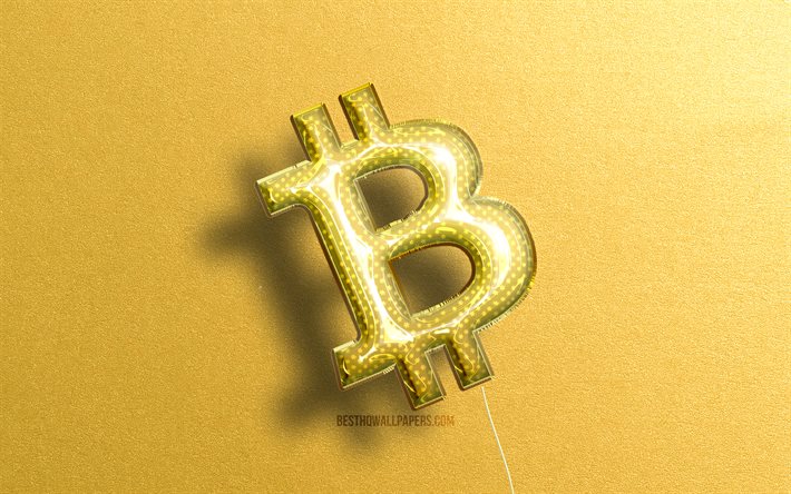 Logo 3D Bitcoin, ballons r&#233;alistes jaunes, 4k, crypto-monnaie, logo Bitcoin, arri&#232;re-plans de pierre jaune, Bitcoin