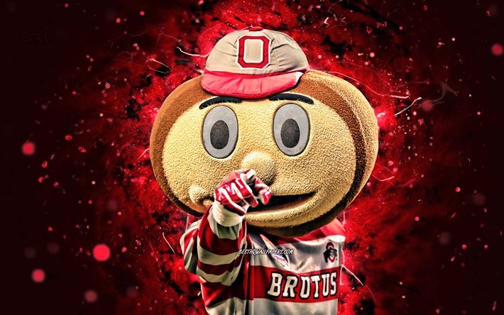 Brutus Buckeye, 4k, mascotte, Ohio State Buckeyes, luci al neon rosse, NCAA, creativo, USA, mascotte Ohio State Buckeyes, mascotte NCAA, mascotte ufficiale, mascotte Brutus Buckeye