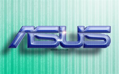 4k, Asus 3D-logo, siniset realistiset ilmapallot, tuotemerkit, Asus-logo, siniset puiset taustat, Asus