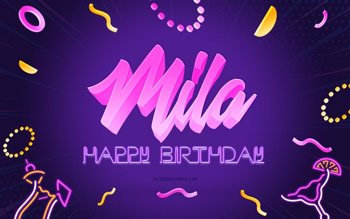 誕生日おめでとう, 4k, 紫のパーティーの背景, ミーラ県algeriakgm, クリエイティブアート, ミラお誕生日おめでとう, ミラ名, ミラの誕生日, 誕生日パーティーの背景