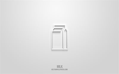 Milk 3d icon, white background, 3d symbols, Milk, Drinks icons, 3d icons, Milk sign, Drinks 3d icons