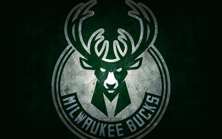 Milwaukee Bucks, time de basquete americano, fundo de pedra verde, logotipo do Milwaukee Bucks, arte grunge, NBA, basquete, EUA, emblema do Milwaukee Bucks