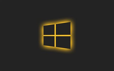 gelbes windows-logo, grauer hintergrund, gelbes windows-lichtlogo, gelbes windows-emblem, windows, minimalismus, windows-logo
