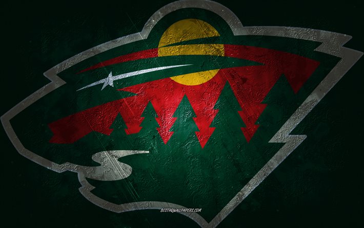 Minnesota Wild, &#233;quipe de hockey am&#233;ricain, fond de pierre verte, logo sauvage du Minnesota, art grunge, LNH, hockey, USA, embl&#232;me sauvage du Minnesota