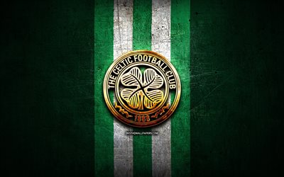 Celtic FC, golden logo, Scottish Premiership, green metal background, football, scottish football club, Celtic logo, soccer, FC Celtic