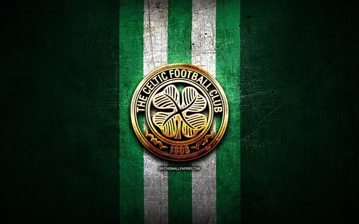 Celtic FC, logotipo dourado, Campeonato Escoc&#234;s, fundo de metal verde, futebol, clube de futebol escoc&#234;s, logotipo do Celtic, FC Celtic