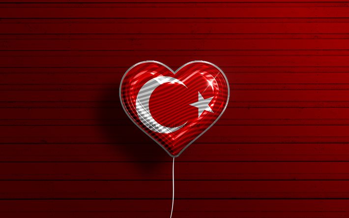 Amo la Turchia, 4k, palloncini realistici, fondo di legno rosso, cuore della bandiera turca, Europa, paesi preferiti, bandiera della Turchia, palloncino con bandiera, bandiera turca, Turchia, amore della Turchia