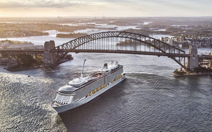 Sydney Harbour Bridge, Sydney, sera, tramonto, nave da crociera, ponte ad arco in acciaio, paesaggio urbano di Sydney, Australia