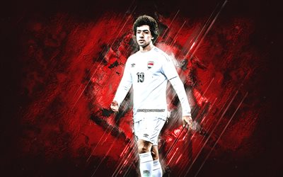 Mohammed Qasim Majid, squadra nazionale di calcio irachena, calciatore iracheno, sfondo di pietra rossa, calcio, Iraq