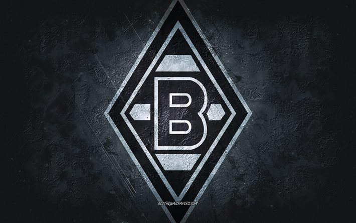 Borussia Monchengladbach, German football club, black stone background, Borussia Monchengladbach logo, grunge art, Bundesliga, football, Germany, Borussia Monchengladbach emblem
