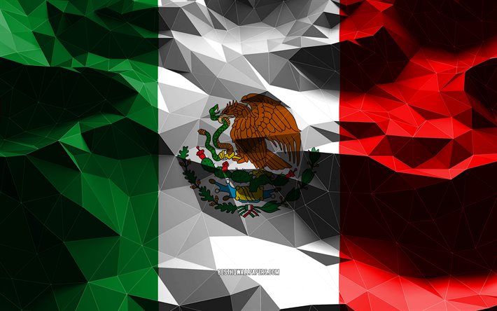 4k, bandiera messicana, arte low poly, paesi nordamericani, simboli nazionali, bandiera del Messico, bandiere 3D, Messico, Nord America, bandiera 3D del Messico