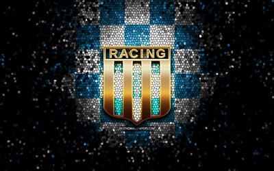 racing fc, glitzer-logo, argentine primera division, blau-wei&#223; karierter hintergrund, fu&#223;ball, argentinischer fu&#223;ballverein, racing club-logo, mosaikkunst, racing club, racing club de avellaneda