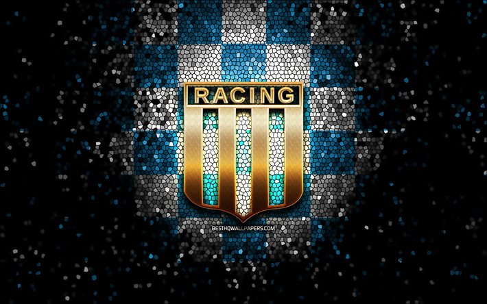 Racing FC, logo glitter, Primera Division argentina, sfondo blu a scacchi bianchi, calcio, squadra di calcio argentina, logo Racing Club, arte del mosaico, Racing Club, Racing Club de Avellaneda
