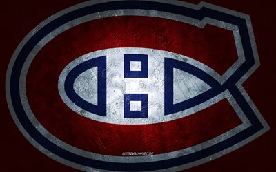 Canadiens de Montr&#233;al, &#233;quipe canadienne de hockey, fond en pierre rouge, logo des Canadiens de Montr&#233;al, art grunge, LNH, hockey, Canada, &#201;tats-Unis, embl&#232;me des Canadiens de Montr&#233;al