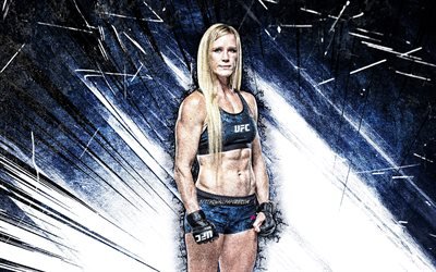 4k, Holly Holm, grungekonst, amerikanska fighters, MMA, UFC, Mixed martial arts, blue abstract rays, Holly Holm 4K, UFC-fighters, MMA-fighters