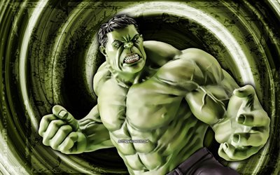 4k, Hulk, vihre&#228; grunge tausta, supersankarit, Marvel Comics, vortex, Robert Bruce Banner, Hulk 4K, sarjakuva Hulk