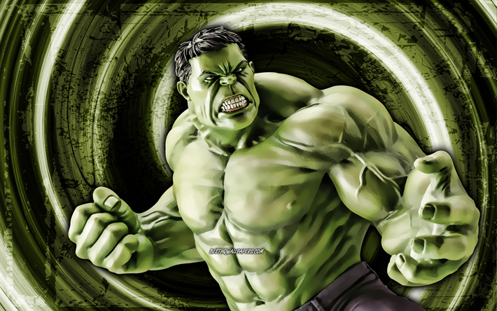 4k, Hulk, green grunge background, superheroes, Marvel Comics, vortex, Robert Bruce Banner, Hulk 4K, Cartoon Hulk