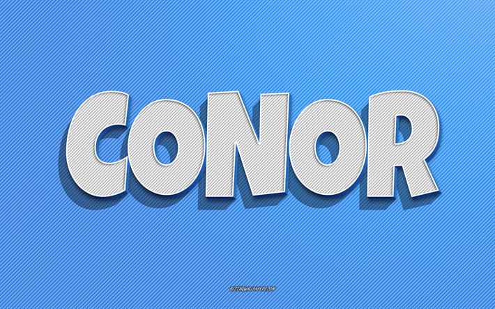 Conor, fond de lignes bleues, fonds d&#39;&#233;cran avec noms, nom Conor, noms masculins, carte de voeux Conor, dessin au trait, photo avec nom Conor