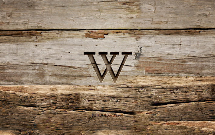 Wikipedia wooden logo, 4K, wooden backgrounds, brands, Wikipedia logo, creative, wood carving, Wikipedia