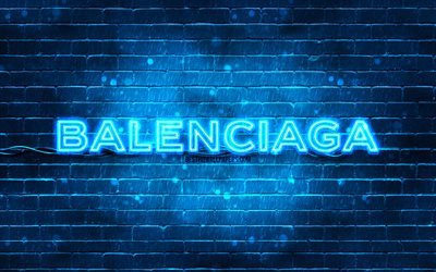 Balenciaga blue logo, 4k, blue brickwall, Balenciaga logo, brands, Balenciaga neon logo, Balenciaga