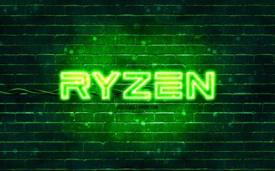 AMD Ryzen green logo, 4k, green brickwall, AMD Ryzen logo, brands, AMD Ryzen neon logo, AMD Ryzen