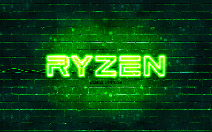 AMDRyzenグリーンロゴ, 4k, 緑のレンガの壁, AMDRyzenロゴ, お, AMDRyzenネオンロゴ, AMD Ryzen