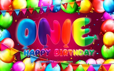 Happy Birthday Onie, 4k, colorful balloon frame, Onie name, purple background, Onie Happy Birthday, Onie Birthday, popular german female names, Birthday concept, Onie