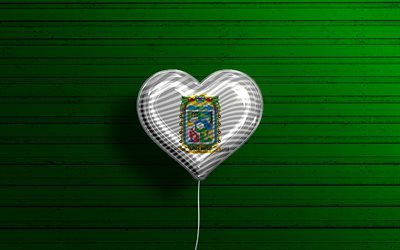 I Love Puebla, 4k, realistic balloons, green wooden background, Day of Puebla, mexican states, flag of Puebla, Mexico, balloon with flag, States of Mexico, Puebla flag, Puebla