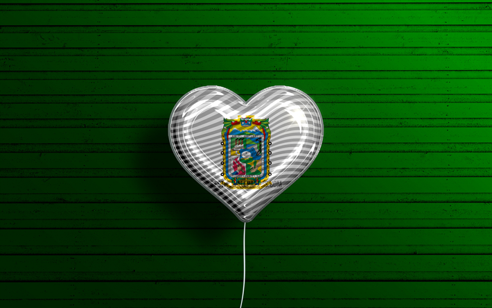 Amo Puebla, 4k, palloncini realistici, sfondo di legno verde, giorno di Puebla, stati messicani, bandiera di Puebla, Messico, palloncino con bandiera, Stati del Messico, Puebla