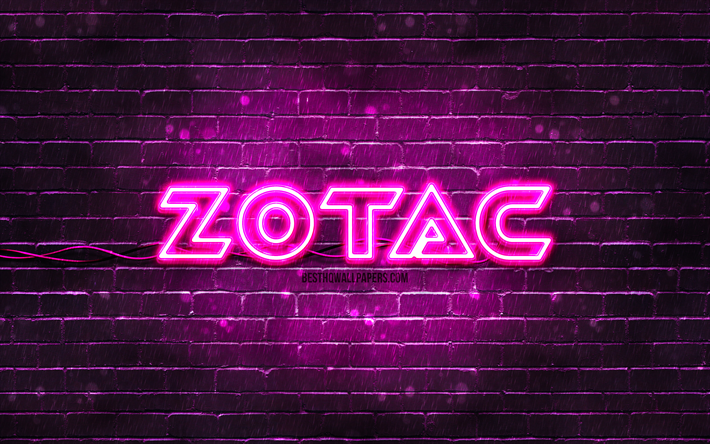 Logo Zotac viola, 4k, muro di mattoni viola, logo Zotac, marchi, logo al neon Zotac, Zotac