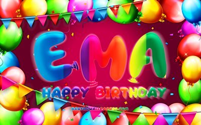 Happy Birthday Ema, 4k, colorful balloon frame, Ema name, purple background, Ema Happy Birthday, Ema Birthday, popular german female names, Birthday concept, Ema