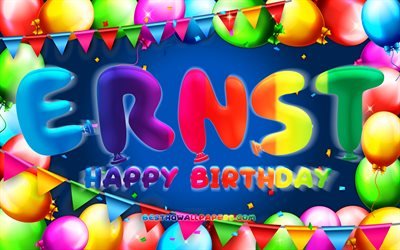 Happy Birthday Ernst, 4k, colorful balloon frame, Ernst name, blue background, Ernst Happy Birthday, Ernst Birthday, popular german male names, Birthday concept, Ernst