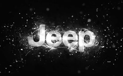 Jeep valkoinen logo, 4k, valkoiset neon valot, luova, musta abstrakti tausta, Jeep logo, automerkit, Jeep